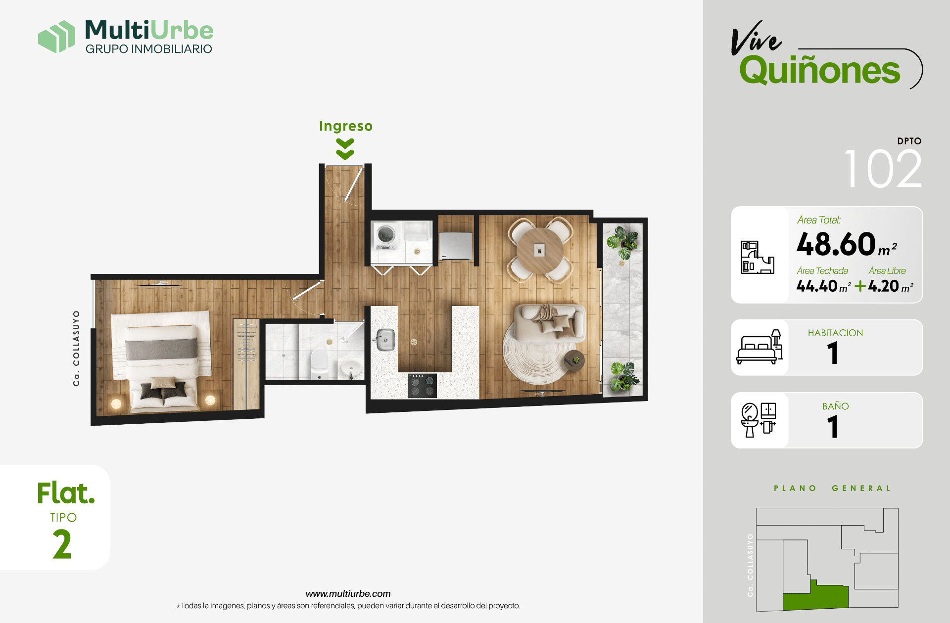 Departamentos de 1 dormitorio: ¿cuáles son sus ventajas? 2 Modelo de departamento de 1 dormitorio de MultiUrbe.